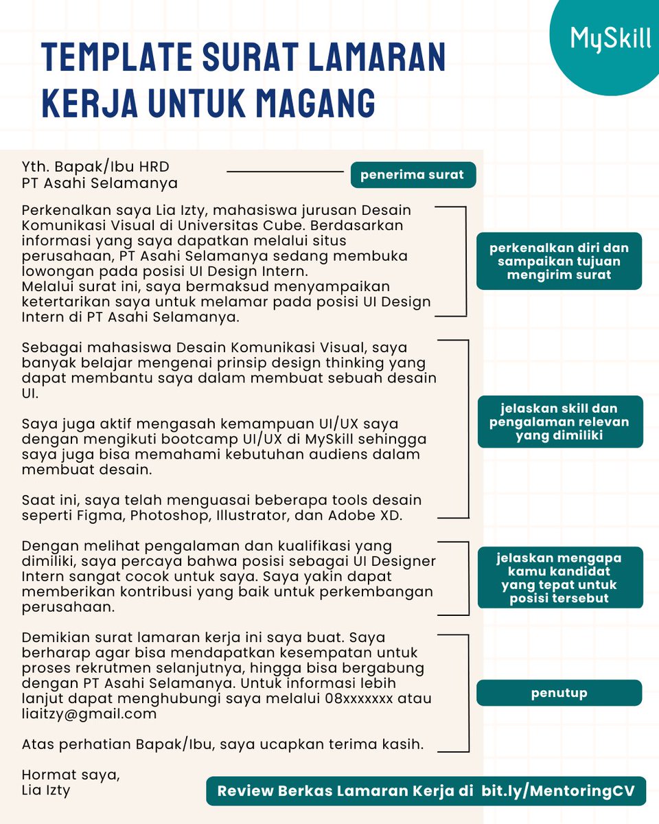 myskill_id's tweet photo. 😍 TEMPLATE SURAT LAMARAN KERJA UNTUK MAGANG 😍

Temen2 yg mau apply magang dan diminta untuk sertain surat lamaran kerja atau cover letter, bisa nulis kayak begini buat yakinin HRD nya ya 👇 https://t.co/WQZCQmCE3A