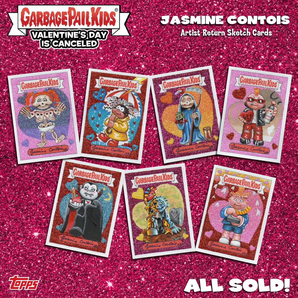 JasmineVMC's tweet photo. Thank you to everyone who purchased a Garbage Pail Kids, Valentineโs Day is Canceled Artist Return from me. They are all sold! Thank you for all the love and support. I greatly appreciate it. #topps #fanactics #gpk #garbagepailskids #sketchcards #nonsports #tradingcards https://t.co/vwM8hYd37I