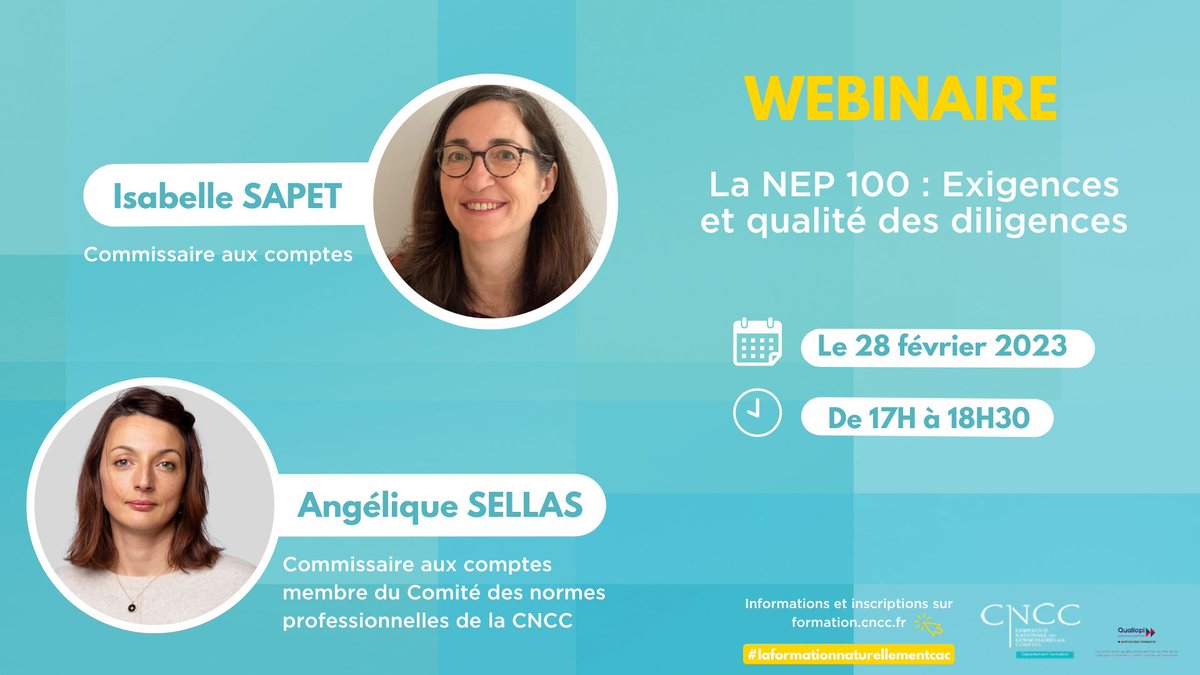 📢 #CAC Ne manquez pas le webinaire <a href="/CNCC_audit/">CNCC</a> sur La NEP 100 animé par Isabelle SAPET et Angélique SELLAS. Il vous permettra de comprendre comment faire mieux sans nécessairement en faire plus !
🗓️ Le 28 février de 17h à 18h30
➡ bit.ly/3IhgkbY