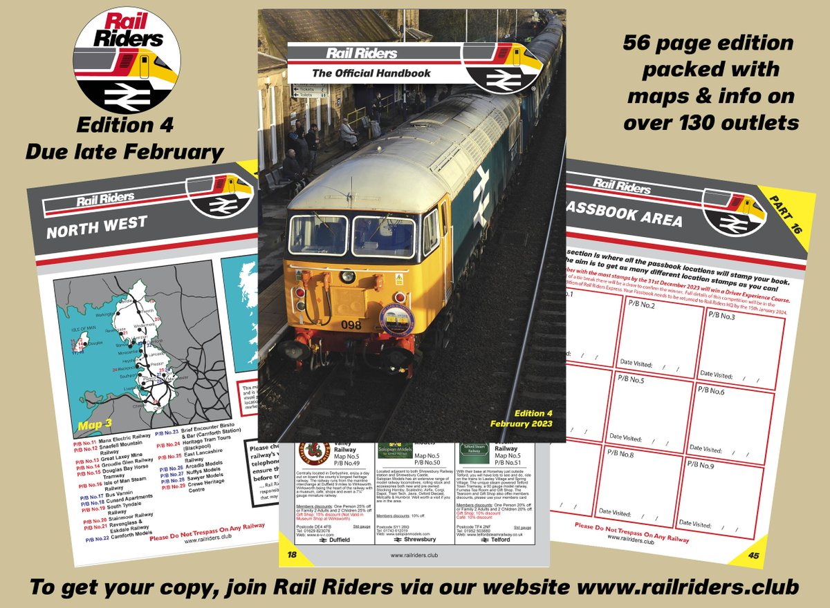 RidersRail's tweet photo. Edition 4 of the club handbook is due back in time for the renewals starting in late February. 

In the handbook there is a competition where a member who visits the most partnered railways / model shops that are in the book will have chance to win a DRIVERS EXPERIENCE COURSE. https://t.co/5NJp9Sq796