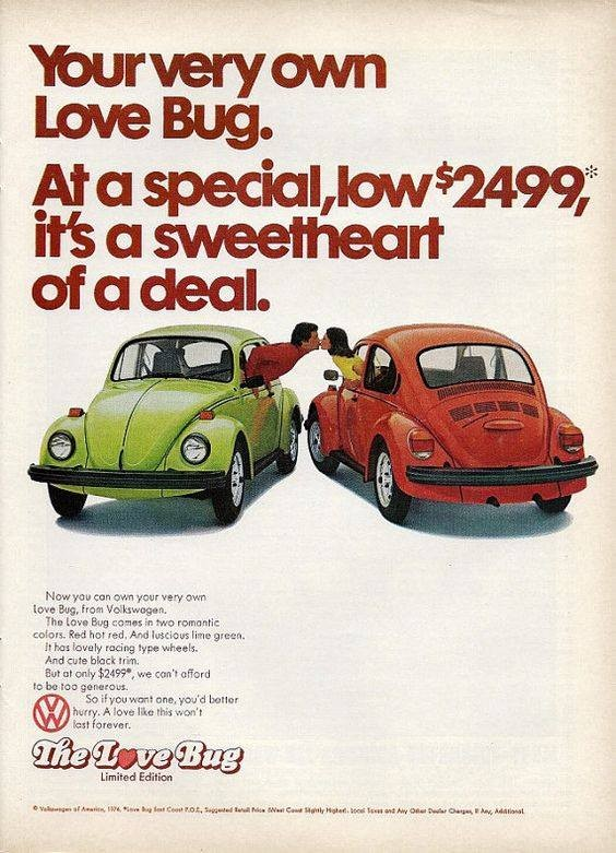 1974 Volkswagon Valentine's Day Beetle magazine ad! 'Love Bug' wasn’t just a title for the ad. It was an actual limited edition version of the Beetle inspired by the 1969 'Herbie: The Love Bug' film. ❤️🐞