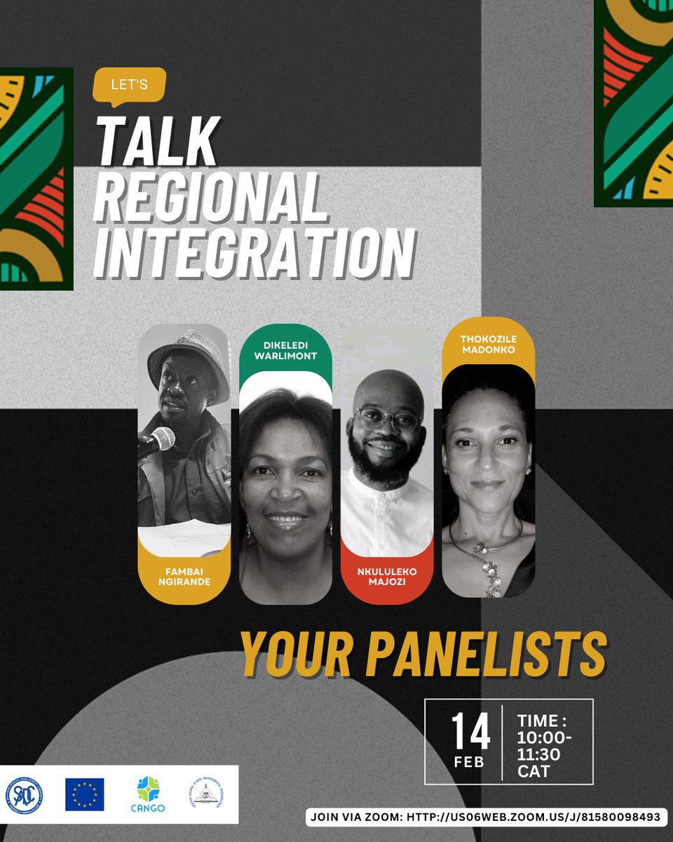 New Week, New Webinar!

We’re excited to introduce our #panelists for this week’s conversation - Let’s Talk #RegionalIntegration as we explore “Movement of the People” 

Join us via Zoom tomorrow, #14february at 10:00 CAT
🔗 us06web.zoom.us/j/81580098493
