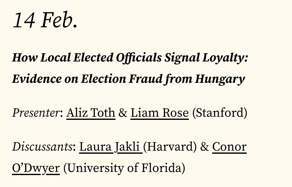 📢 TOMORROW (5pm CET, 11am EST)

<a href="/aliz_toth/">Aliz Toth</a> and Liam Rose (Stanford) present their work on election fraud in 🇭🇺

Conor O'Dwyer (Florida) &amp; <a href="/laurajakli/">Laura Jákli</a> (Harvard) will discuss.

Do you want to attend? Subscribe &amp; receive the Zoom link here 👉 
tinyurl.com/2p8b3n4b