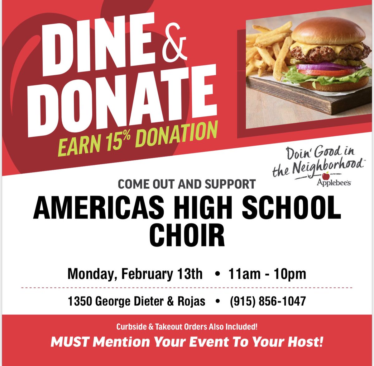 Skip the wait time on Valentine’s Day and celebrate a day early! Help out my choir by having dinner TONIGHT at Applebee’s on George Dieter and Rojas 😊