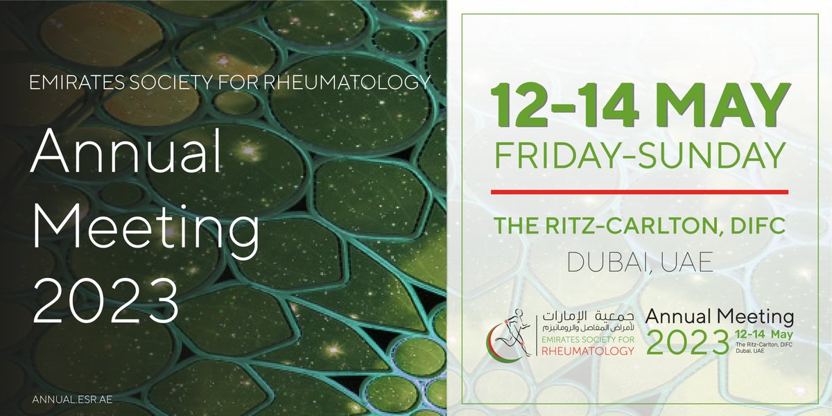 esr_uae's tweet photo. We are excited to announce that the #ESR Annual Meeting 2023 will take place on 12-14 May 2023 in Ritz-Carlton, DIFC, Dubai. If you would like to keep up on the latest updates, tap follow and drop us a comment to say hello! #ESRAnnualMeeting2023 #ESR23 #Rheumatology #SavetheDate https://t.co/k7e1NI4VKm
