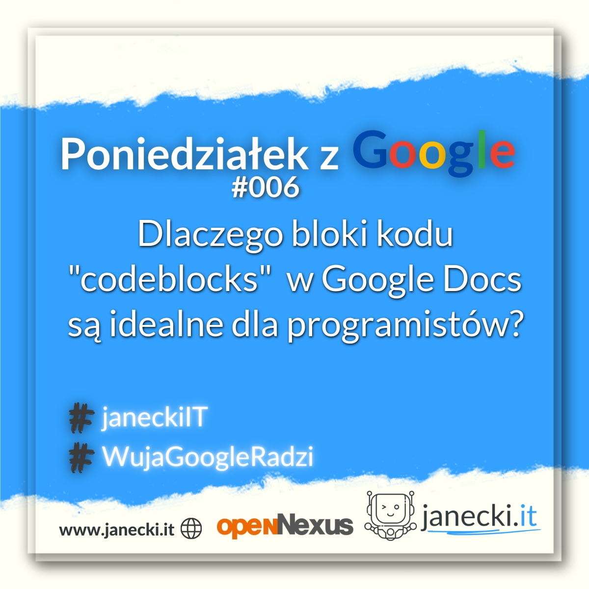 janecki_it's tweet image. Nie możesz wyświetlić swojego kodu w atrakcyjny sposób w dokumencie tekstowym? Sprawdź nową funkcję Google Docs - "Codeblocks" #GoogleDocs #Codeblocks #janeckiIT #WujaGoogleRadzi
janecki.it/poniedzialek-z…