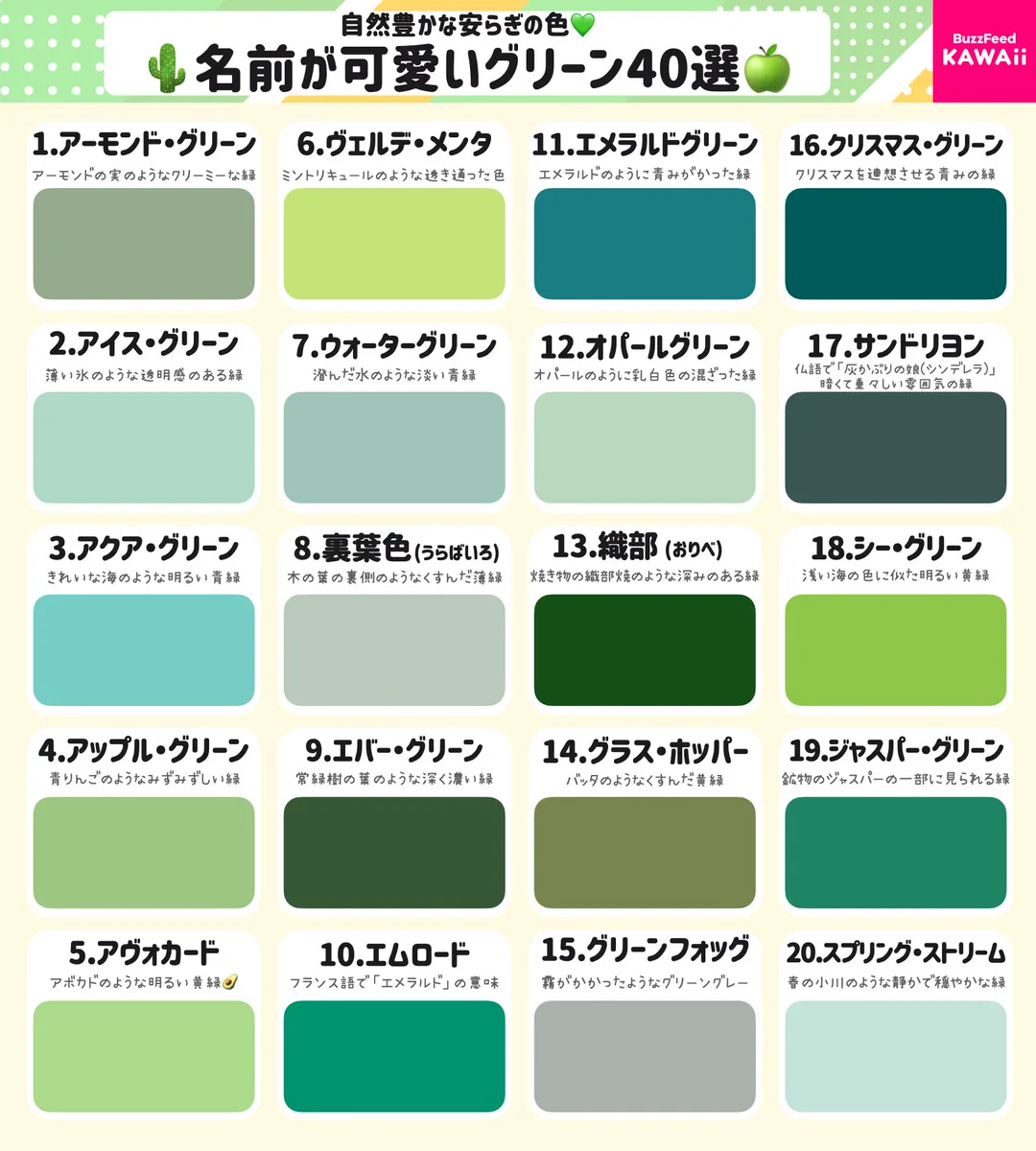 どの色名もすごく可愛い！名前が可愛い緑色40選！