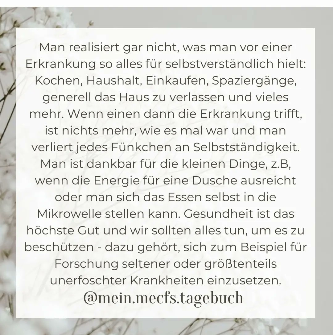 Man realisiert gar nicht, was man vor dem Erkrankungsbeginn mit einer chronischen Erkrankung alles so für selbstverständlich hielt, was durch die Erkrankung unmöglich wird: Kochen, Haushalt, Einkaufen, Spaziergänge, generell das Haus zu verlassen und vieles mehr.