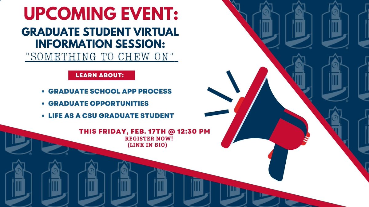 Join us during your lunch break to learn more about what graduate school at Columbus State University would mean for you. Ask questions and learn about life as a grad student! 🐾🐾

Click the link in our bio to register! 
#GraduateStudent
#CreateYourFuture