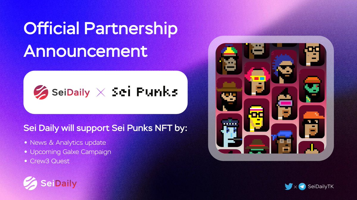 Official Partnership Announcement: Sei Daily x Sei Punks NFT

We are delighted to announce the partnership with @SeiPunks_NFTs - the OG NFT Collections of Sei Network 🎉

Stay tuned for our upcoming event  with amazing rewards from both teams 🔥

#Sei #SeiPunksNFTs #SEIDAILY