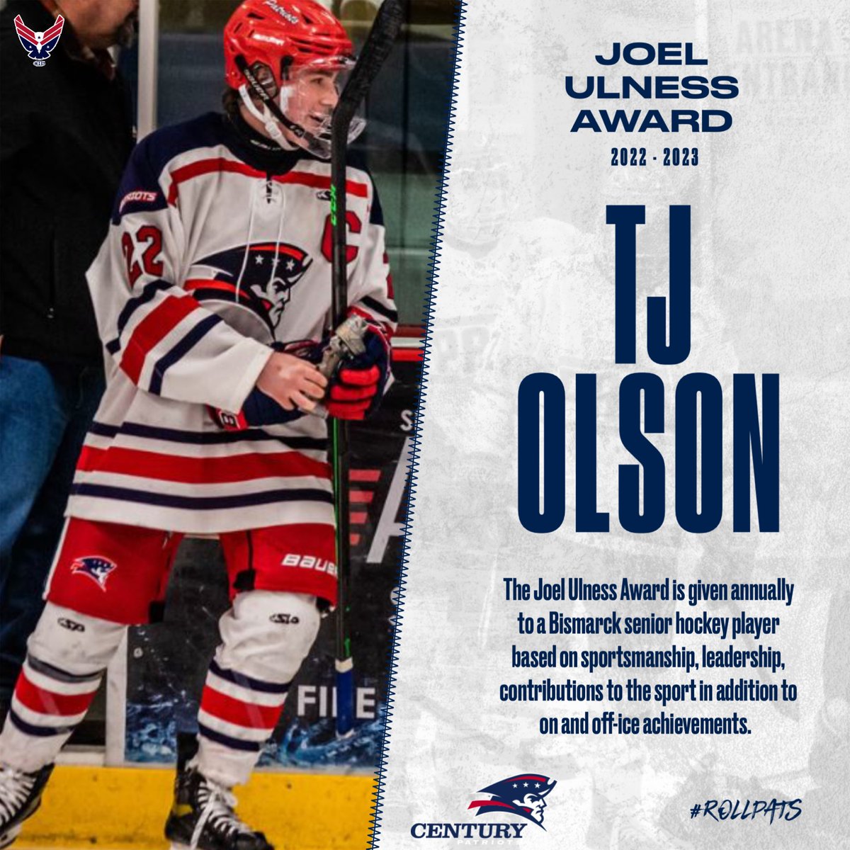 chspuck's tweet photo. Congratulations to Century Hockey Senior, TJ Olson 2022-2023 Joel Ulness Award Winner. The Joel Ulness Award is given annually to a Bismarck senior hockey player based on sportsmanship, leadership, contributions to the sport in addition to on and off-ice achievements. https://t.co/H6v5qVZG6M