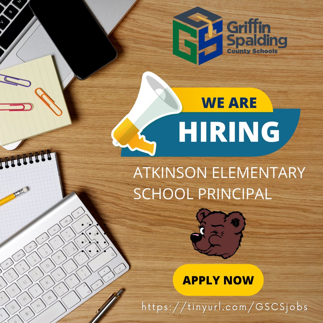 #GSCS is hiring a Principal for Atkinson Elementary School for the 2023-24 school year. If you are interested in joining a team of passionate, forward-thinking educators, apply here: tinyurl.com/GSCSjobs #PACE #DistinctiveBrand #StongLeaders #GreatSchools #GriffinSpalding