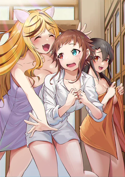先日友人のきんつばさん()と餅豆腐さん()との配信にて、罰ゲームで描かされた2時間イラストになります。(※真ん中の子は、オレの憑依体の夜食ちゃんです)「脱がせろ」と言われたのでぎりぎりまで脱がせました。俺のせいではありません。。 