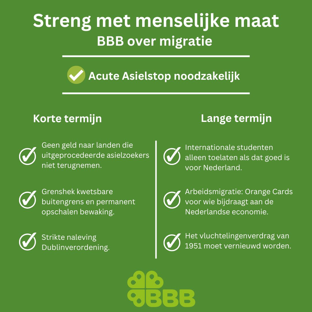BBB is voor een acute asielstop. Daarnaast moeten er op de korte én langere termijn zaken worden aangepakt. Een langjarige visie is wat Nederland nodig heeft om de instroom te beperken. Bij asiel, arbeids- én studiemigratie. (1/2)