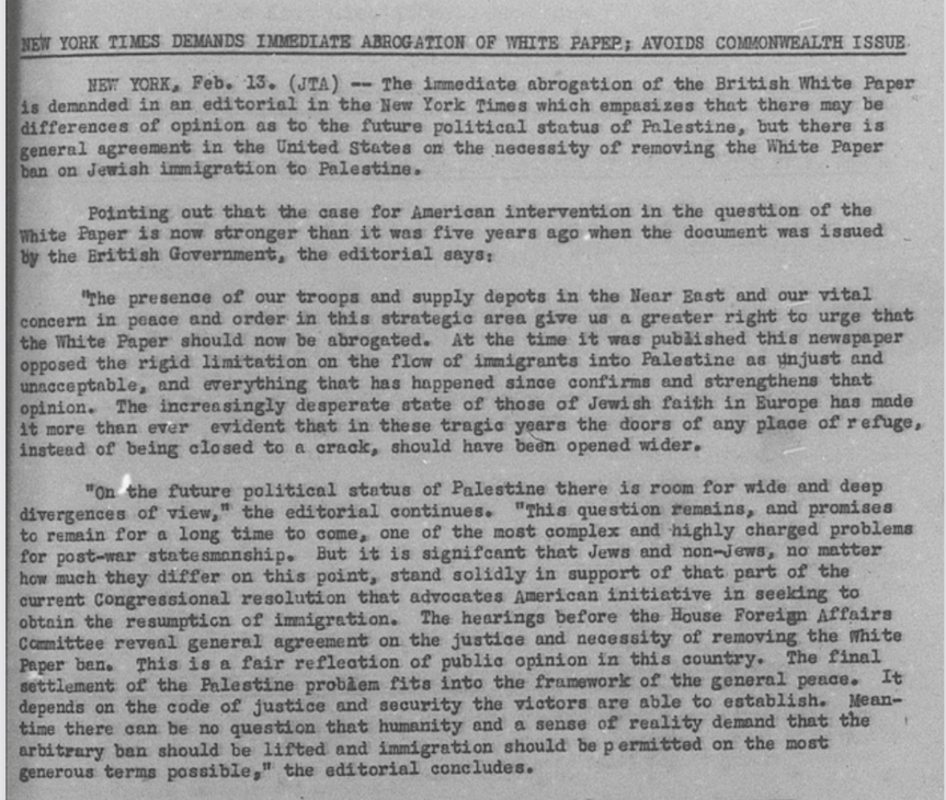 WashingtonViews's tweet photo. #OnThisDay in 1944: @JTANews -"New York Times Demands Immediate Abrogation of the British White Paper (Restricting Jewish immigration into Palestine)..." #Palestine #BritishWhitePaper #JewishState #Israel @NYTimes #JewishImmigration https://t.co/IxwQLFyDz1
