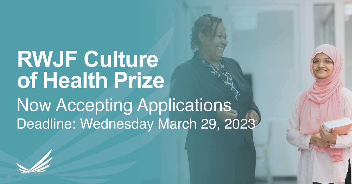 The 2023 <a href="/RWJF/">RWJF</a> #CultureOfHealthPrize is accepting applications. 

Winning communities will receive $250,000 to use in whatever way their community dreams up. Retweet and encourage those working to advance #HealthEquity to apply. rwjf.ws/3RGUemt