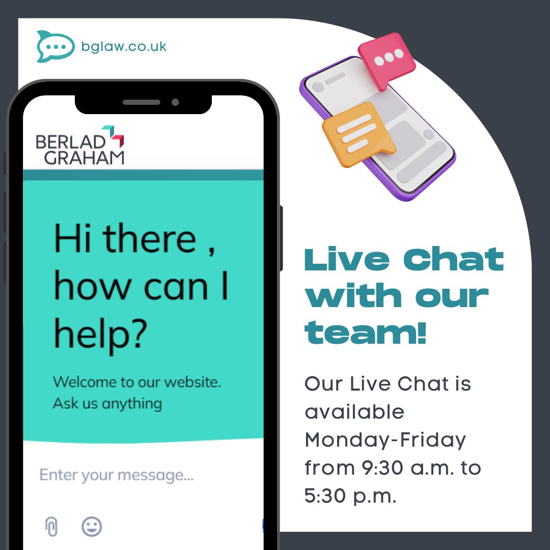 BerladGraham's tweet photo. Did you know we have a Live Chat Support?
Our Live Chat is available Monday-Friday from 9:30 a.m. to 5:30 p.m.
#BerladGrahamSolicitors #LiveChatSupport #livechat #customerservice #customerexperience #legaladvice #getintouchwithus #solicitors #lawyer #lawfirm #contactustoday https://t.co/c6tYMyFhHa