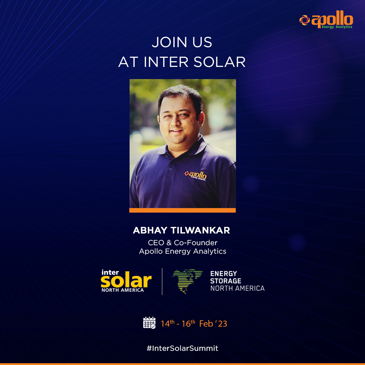 HelloApolloAI's tweet photo. Our CEO &amp; Co-Founder, Mr. Abhay Tilwankar will be representing Apollo Energy Analytics at Inter Solar.

Meet him to know how Apollo can manage your RE Assets better. Click here to book a meet https://t.co/uat3pSU1Vb

#InterSolarSummit #ApolloEnergyAnalytics #SolarExpo #Conference https://t.co/UijJGMXtHQ