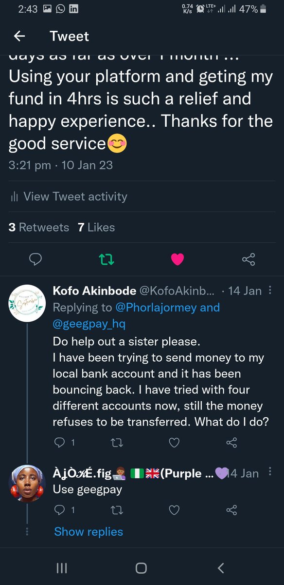 Phorlajormey's tweet photo. Before Now,I have tweeted about how i enjoyed using your platform receiving my payment in 4 hours, i have used it again and it was same fast transaction.I have also referred my friends to use your service but i no dey remember say referral link🥹.#GeegpayStarlinkGiveaway https://t.co/O1IjT7ZPxj
