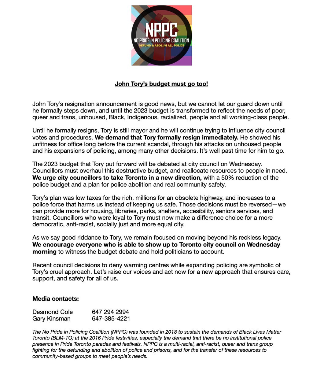NoPolicing's tweet photo. John Tory's Budget must go too!

A statement from No Pride In Policing Coalition https://t.co/937g2vv94Q