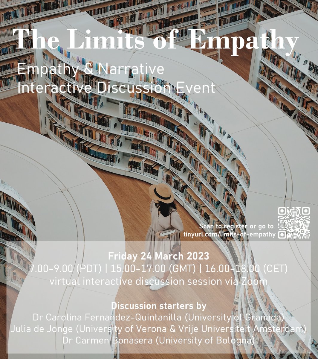 @f_stradling and I are happy to announce the next edition of our Empathy & Narrative Discussion Events! This time we'll be discussing the limits of narrative empathy with @juliadejonge_ @carmen_bns and @Colorin79929650. Free, virtual and interactive! Please join! 📚💙