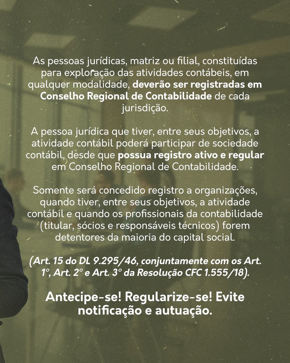 crcparaiba's tweet photo. ⚠️ Informativo CRCPB
Antecipe-se ! Regularize-se! Evite notificação e autuação.
Tal exigência tem previsão no Art. 15 do Decreto-Lei n º 9.295/46, conjuntamente com os Art. 1º, Art. 2º e Art. 3º da Resolução CFC 1.555/18.
Saiba mais: https://t.co/VBRDbxbbDs
#CRCPB https://t.co/BYSNt6MXst
