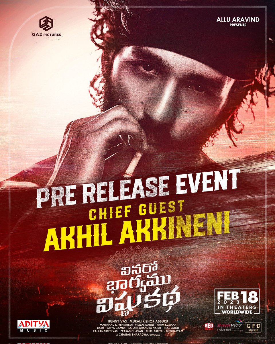 MovieFactory3's tweet image. #MostEligibleBachelor @AkhilAkkineni8 is going to grace the grand pre-release of 
#VinaroBhagyamuVishnuKatha ❤️

#AkhilForVBVK 

#AlluAravind #BunnyVas @Kiran_Abbavaram 

@GA2Official @kashmira_9 @KishoreAbburu @chaitanmusic @daniel_viswas @adityamusic 

#VBVKonFEB18th