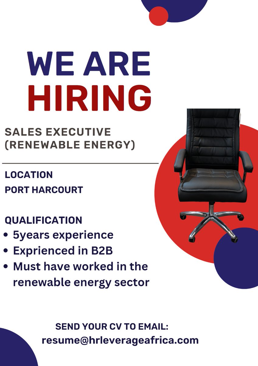 HRLAfrica's tweet photo. We are hiring!
Sales Executive (Renewable Energy)
Interested and qualified candidates should send their CV's to resume@hrleverageafrica.com
#hiring #jobvacancy_alert #recruiting #hrleverage https://t.co/9ZsMnt2gnn
