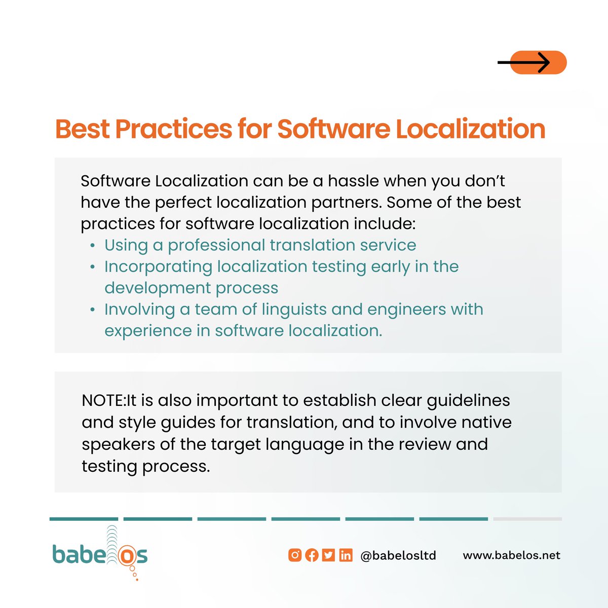 Babelos's tweet photo. Best Practices for Software Localization are;
1.Using a professional translation service,
2. Incorporating localization testing early in the development process,
#Babelos #BabelosLtd #translation #softwarelocalization #localization #localizationservices #Linguists https://t.co/jQ0dFhTzm4