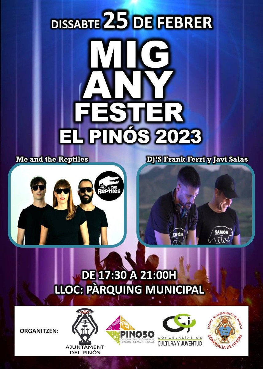El sábado 25 de febrero se celebrará un concierto en el Parking municipal de Pinoso desde las 17:00 a 21:00 horas con motivo del Mig Any Feste