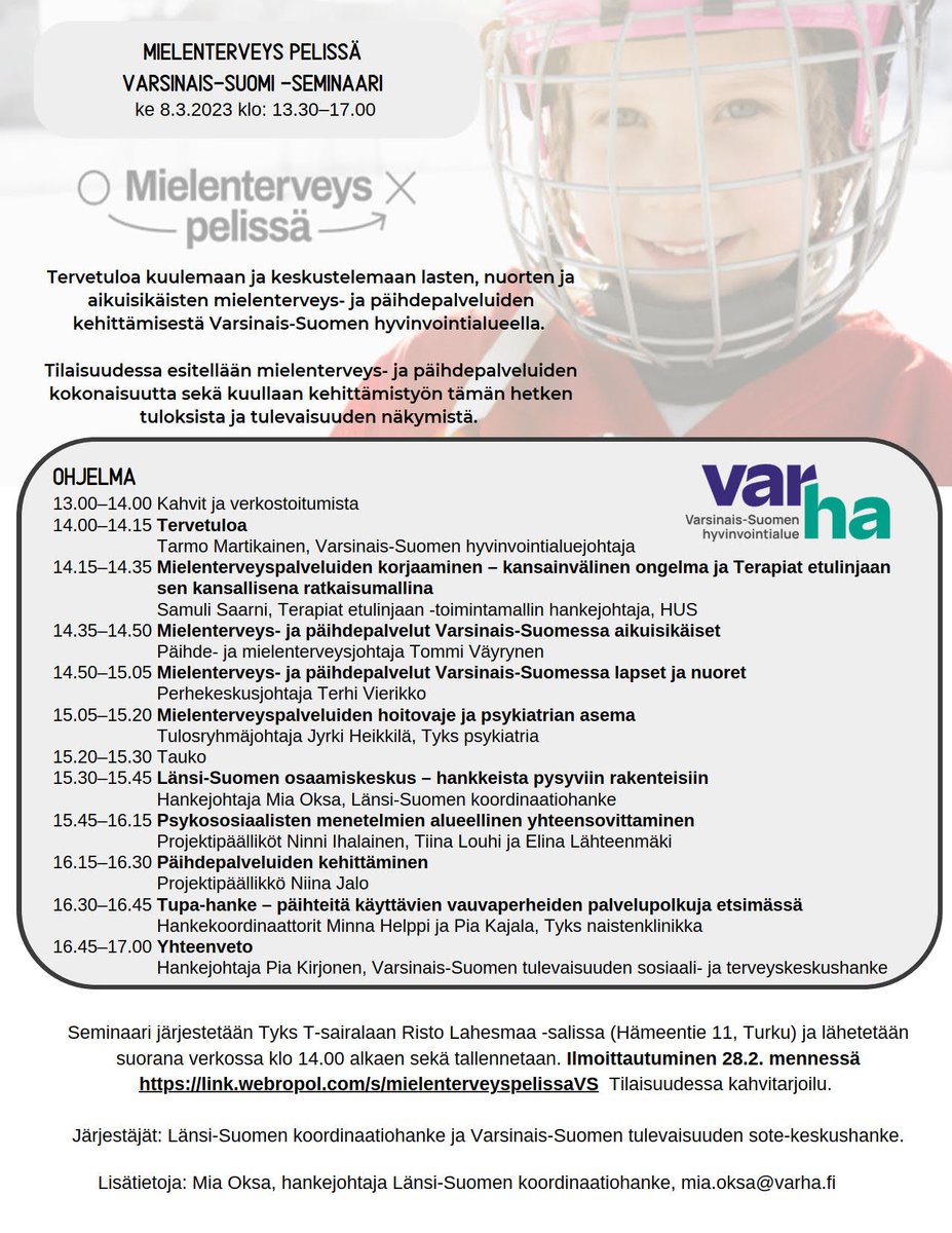 Tervetuloa kuulemaan ja keskustelemaan lasten, nuorten ja aikuisikäisten mielenterveys- ja päihdepalveluiden kehittämisestä Varsinais-Suomen hyvinvointialueella ke 8.3.2023 klo 13.30–17. Ilmoittaudu 28.2. mennessä: link.webropol.com/s/mielentervey… 
#tulevaisuudensote @TerapiatEL #varha