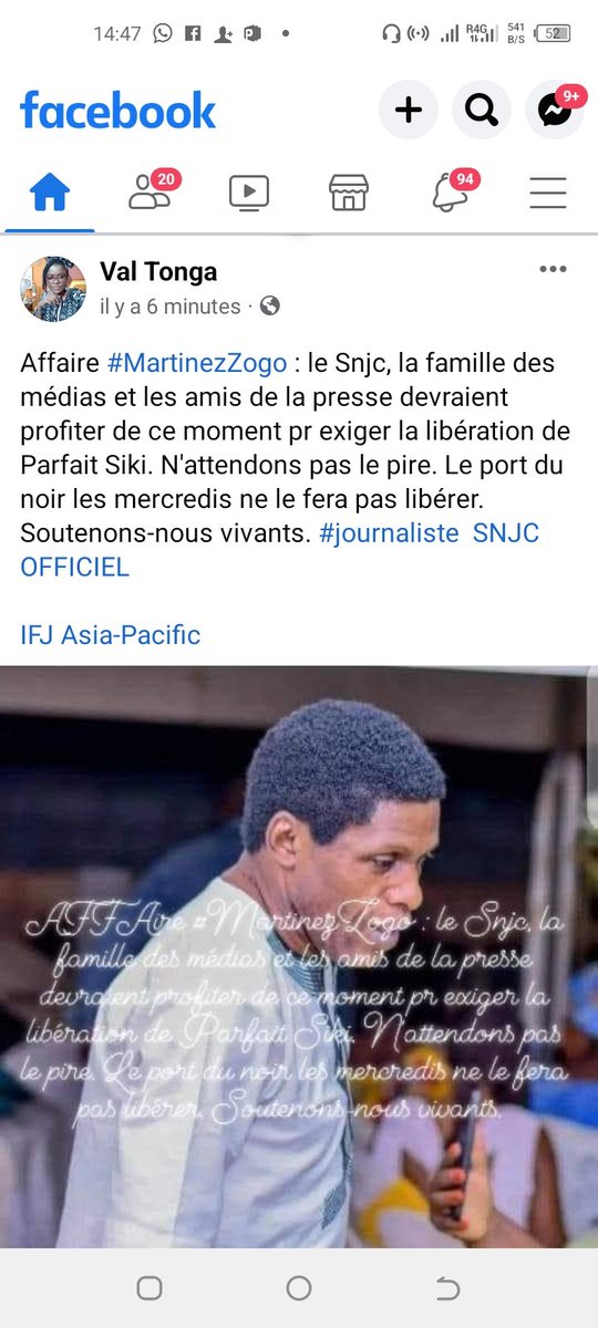 ValTonga's tweet image. Affaire #MartinezZogo  : le Snjc, la famille des médias et les amis de la presse devraient profiter de ce moment pr exiger la libération de Parfait Siki. N'attendons pas le pire. Le port du noir les mercredis ne le fera pas libérer. Soutenons-nous vivants. 
@IFJGlobal