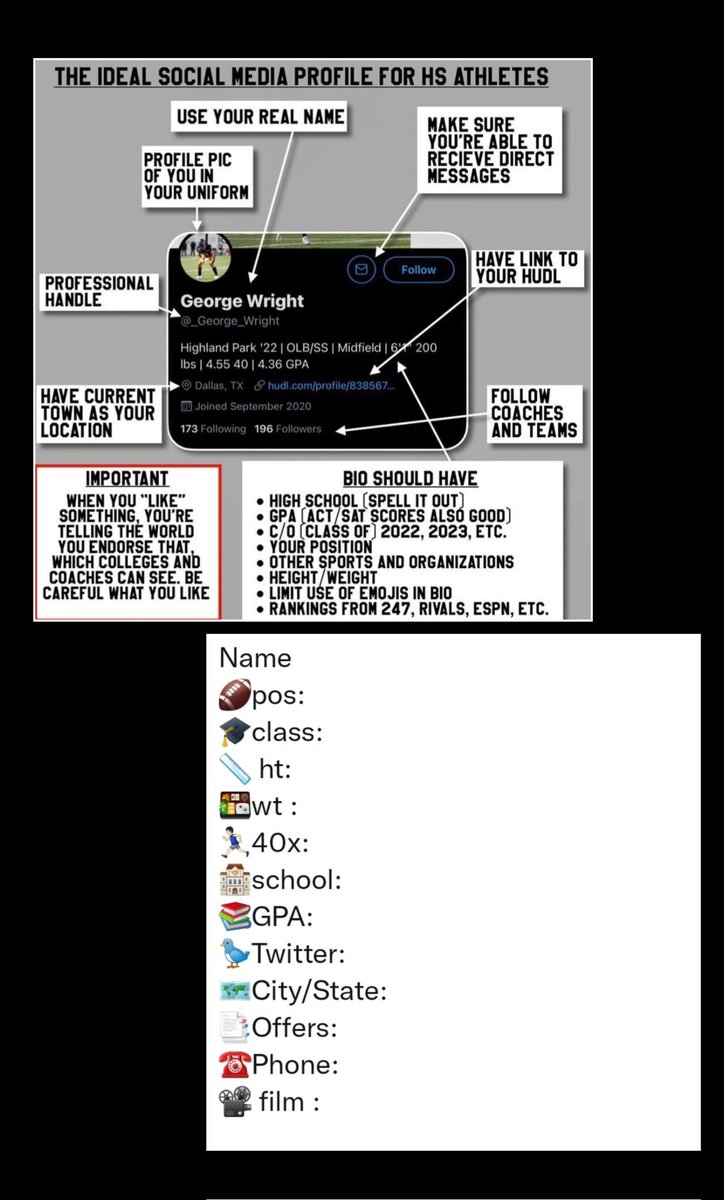 CoachJones256's tweet photo. If you are serious about getting recruited in football, your bio should look similar to this! 

Warning: Lack of following simple instructions could get you skipped over and lead you to missing out on opportunities! https://t.co/DVZVuINBwg