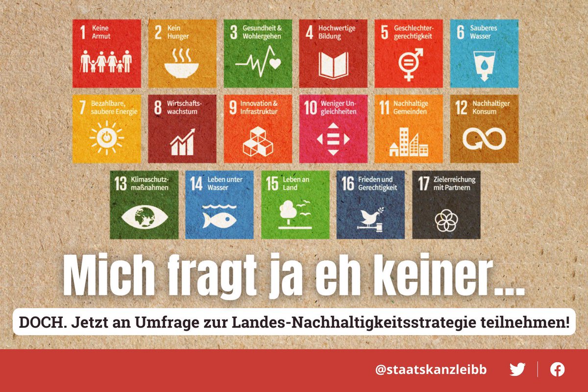 staatskanzleibb's tweet photo. #Nachhaltigkeit ist in aller Munde. Die @UN haben aus dem Begriff 17 Kernziele abgeleitet. Welche Beiträge kann #Brandenburg leisten? Für die Aktualisierung der Landesstrategie haben wir eine Online-Umfrage eingerichtet. Jetzt mitmachen. Vielen Dank! 🌍🫵 https://t.co/6DOdRd3D7y https://t.co/yChLmAMjgz