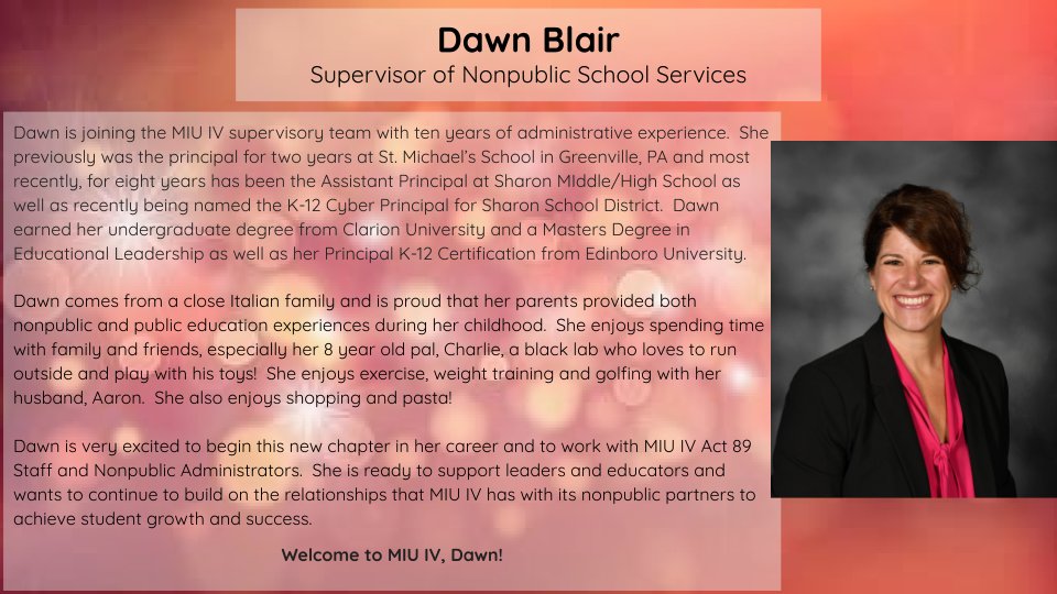 Please join <a href="/miuiv/">miu4</a> in welcoming Dawn Blair as our Supervisor of Nonpublic School Services. Dawn joins our IU with over 10 years of admin experience. 
We are excited to support Dawn as she serves our communities and mission in this next step of her career.
#miu4proud #miu4u