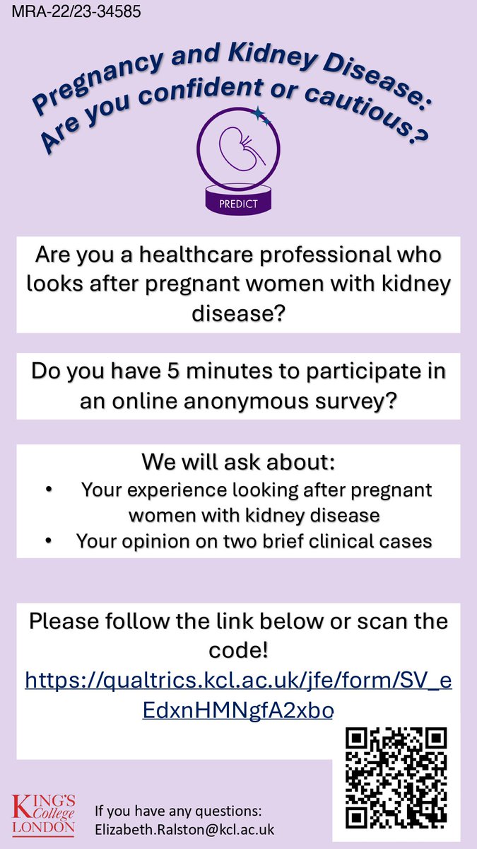 If you’re a healthcare professional working with pregnant women with kidney disease, please spare some time to complete our survey!  qualtrics.kcl.ac.uk/jfe/form/SV_eE…