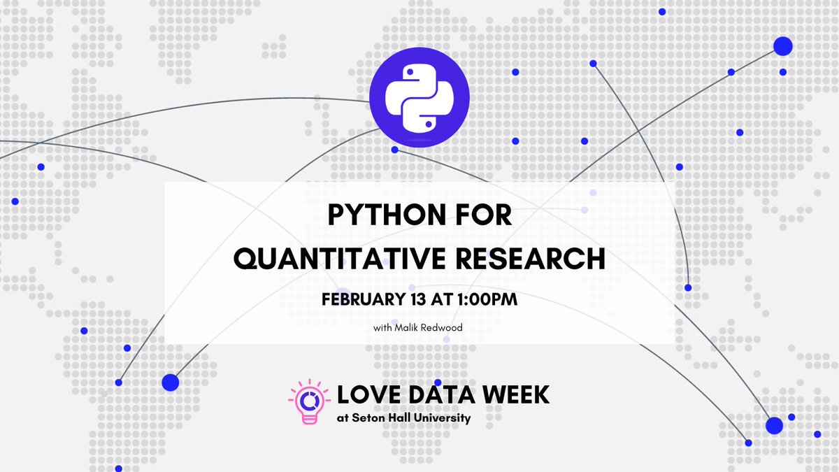 Today @ 10a is High-Performing Investments for the Socially Conscious - Anthony Loviscek and 1p is Python for Quantitative Research - Malik Redwood. 
bit.ly/40nbwsP
#finance #financetalks #stillmanschoolofbusiness #lovedataweek #lovedataweek2023 #shulibraries #setonhall