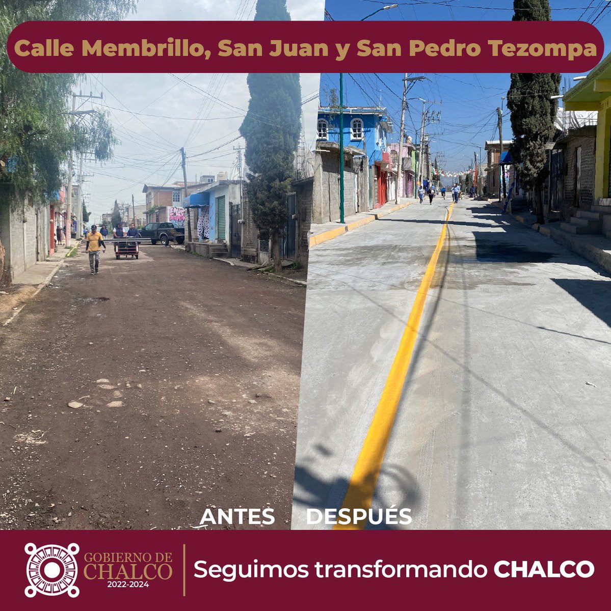 MGChalco's tweet photo. Como nunca en la historia de nuestro municipio continuamos realizando obras y acciones para atender el abandono de nuestro pueblo.
Así pavimentamos y alumbramos la calle Membrillo en #Tezompa, donde invertimos más de 6.7 millones de pesos.
Seguimos transformando #Chalco. https://t.co/xnzDjBIqgu