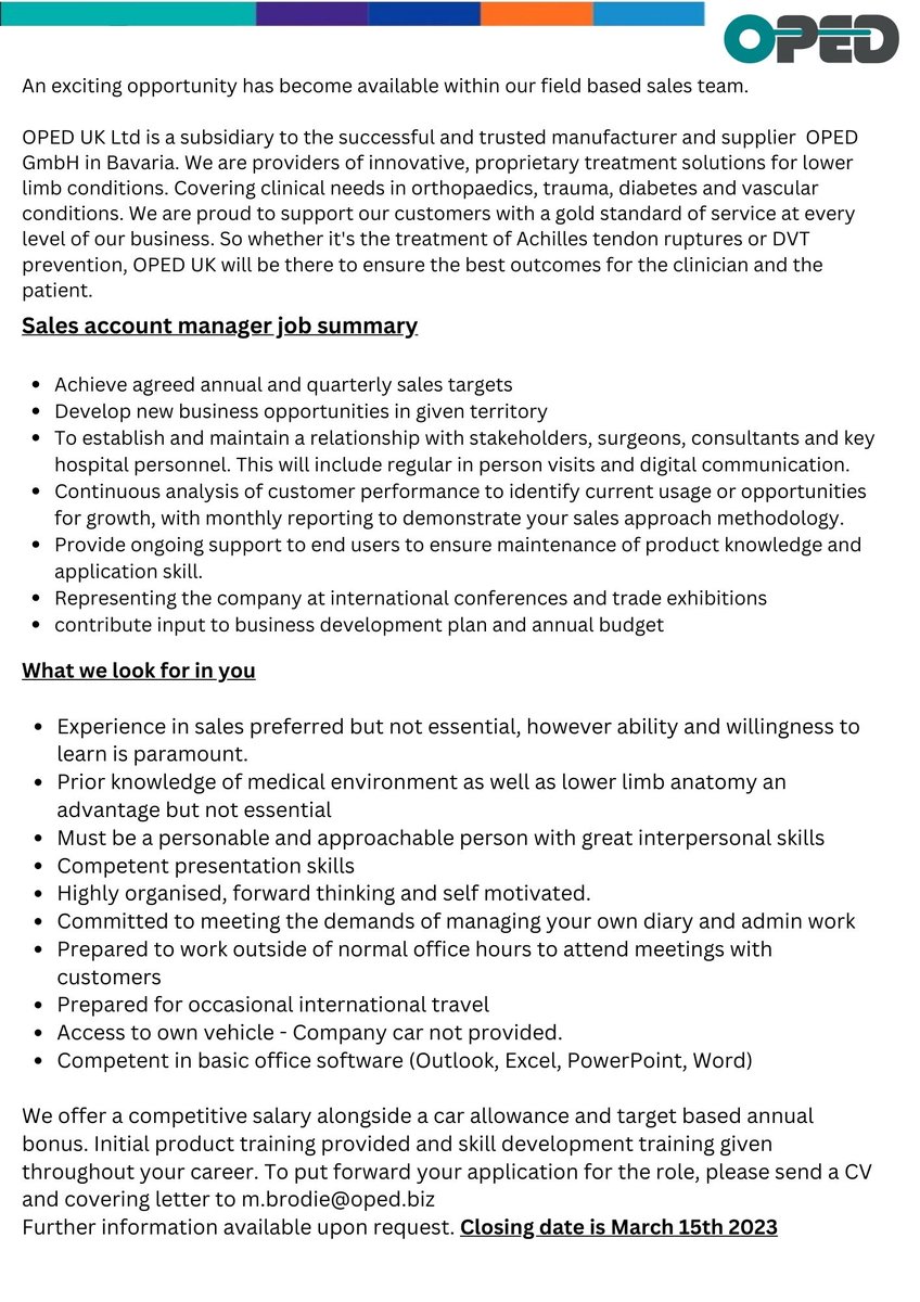 OPED UK Ltd has an exiting new opportunity to join our dynamic team as a regional sales account manager. We need a proactive and motivated individual to cover the South East region, delivering excellent customer service and achieving sales targets across our range of products