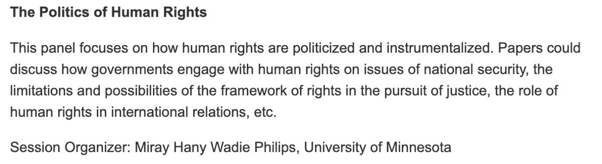 📢 Sociologists of Human Rights

For <a href="/ASAnews/">ASA Sociology</a>, I am organizing <a href="/HumanRightsASA/">ASA Human Rights Section</a>'s session on The Politics of Human Rights, focusing on how human rights are politicized and instrumentalized on the local, national, and global level.

Deadline: Feb 22nd

Happy to answer questions!