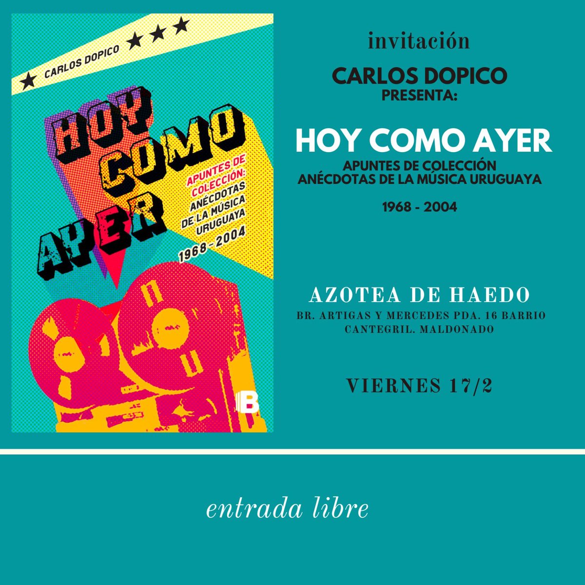 El viernes 17/2, a las 19.30h les espero en la Azotea de Haedo en Maldonado para hacer un recorrido de canciones y anécdotas de la música uruguaya. 
🧰Entrada libre
📢¡Corré la voz!
