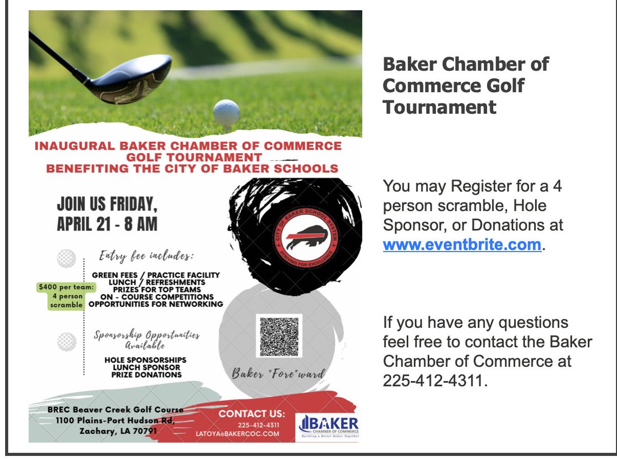 BakerCommerce's tweet image. Greetings from the Baker Chamber of Commerce:
 
 The Tournament is scheduled for Friday, April 21, starting at 8:00 am and will be held at the BREC Beaver Creek Golf Course located at 1100 Plains-Port Hudson Road in Zachary, Louisiana 70791.