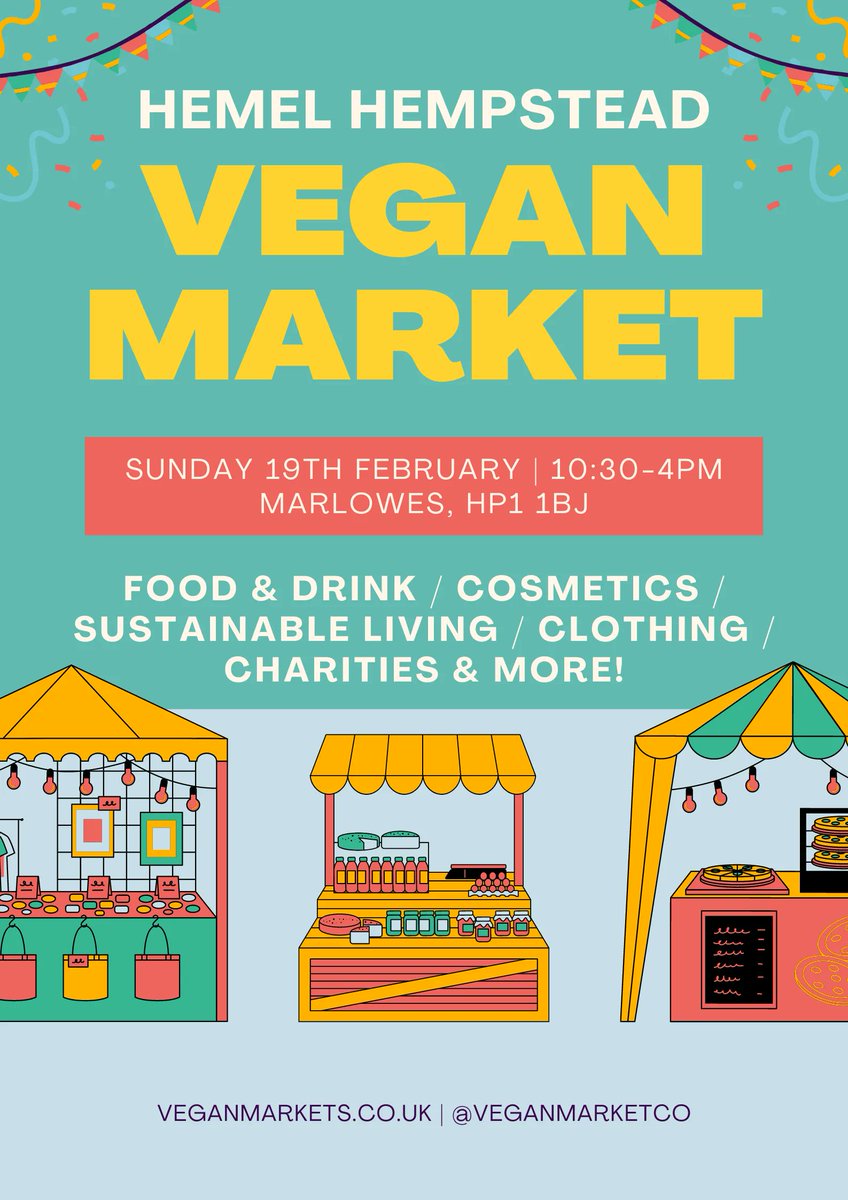 Come and join us at the amazing Hemel Hempstead #Vegan market this Sunday (19th Febraury) in the town centre just outside Primark. Come and sample amazing goods and small independant traders!