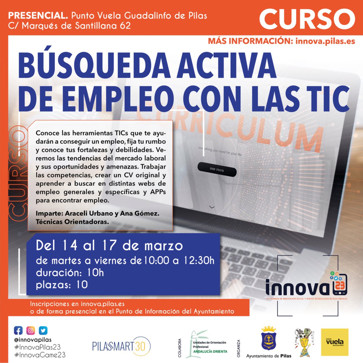 InnovaPilas's tweet photo. 🚀 ¡Estos son los cursos que tendremos este año en #InnovaPilas23! 

🔸 INSCRÍBETE aquí ⤵️
- https://t.co/jBEX9pOpns
- De manera presencial en el Punto de Información del Ayuntamiento de Pilas.
‼️LAS PLAZAS SON LIMITADAS

👉 Síguenos en nuestras rrss para estar informad@ https://t.co/HITRUopzcV