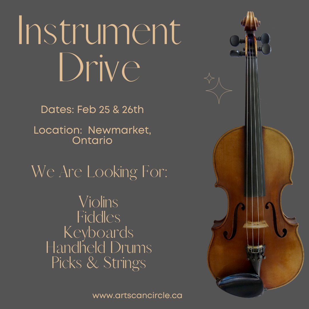 artscancircle's tweet photo. We're hosting an instrument drive on February 25th & 26th. We're looking for new/gently used violins, fiddles, keyboards, handheld drums, picks and strings. Please visit our donation submission form: https://t.co/lholAtbO4x.
#ArtsCanCircle #InstrumentDonations #MusicWorkshops https://t.co/F3tgytIeof