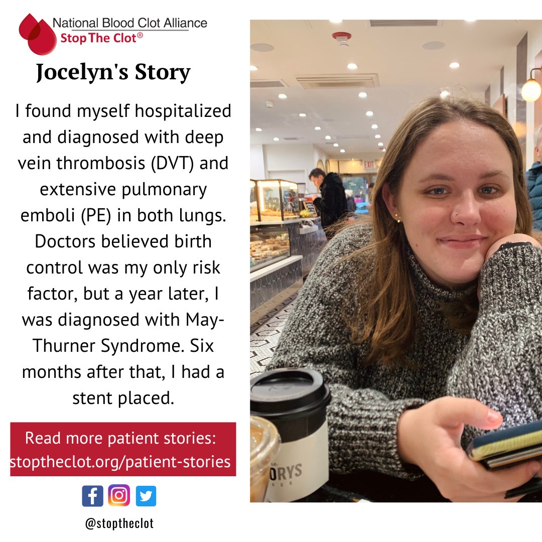 StopTheClot's tweet photo. I was diagnosed with #deepveinthrombosis and #pulmonaryemboli in both lungs. Doctors thought birth control was my only risk factor but a year later I was diagnosed with #MayThurnerSyndrome and had a stent placed. Read Jocelynโs story: https://t.co/WkJeTsaOT7 #stoptheclotstory https://t.co/U0LM2zBo7K