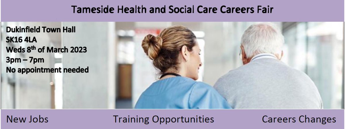 Are you looking for employment in Health and Social Care?

Why not come along to the Tameside Health and Social Care Careers Fair on Wednesday 8th March 3pm-7pm at Dukinfield Town Hall.

#nhsjobs #healthcarejobs  #socialcareJobs #careers  #tameside