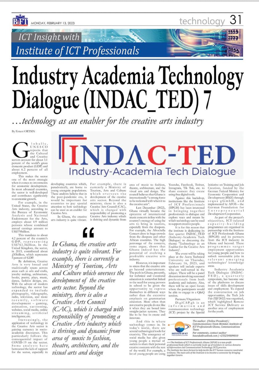 IIPGH1's tweet photo. IIPGH ICT INSIGHT Weekly Publication
Published in the B&FT today... INDAC-TED 7
Read more... https://t.co/176ERPwYnd
#iipgh
#godiafrica
#AFOSfoundation
#INDAC-TED
#creativearts
#jobs
#digitalskills
#digitaltransformation https://t.co/6MSkUzrgWq