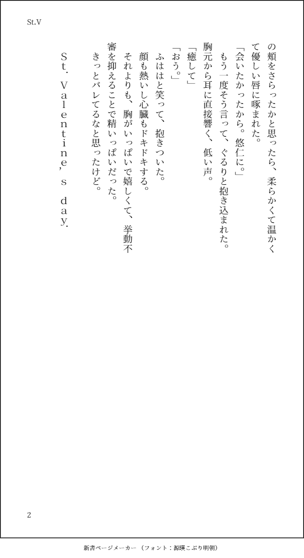 例によって数分書きのお話のかけらです。イチャイチャしてほしい。おやすみなさい。よいバレンタインを。あとアポストロフィーとカンマの処理わからん。まいっか。 