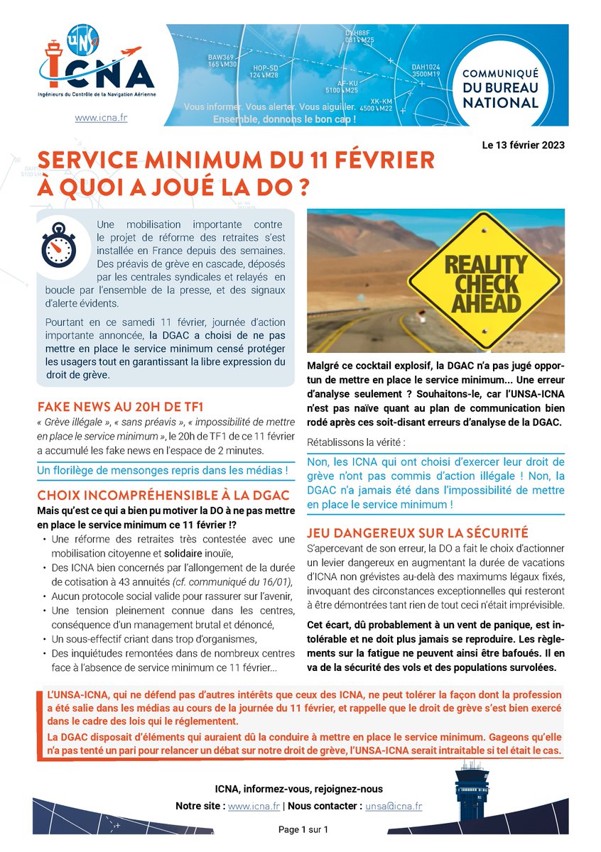 UnsaICNA's tweet photo. Service minimum du 11 février, à quoi a joué la @DGAC  ? 
- Non, les ICNA qui ont choisi d’exercer leur droit de grève n’ont pas commis d’action illégale ! 
- Non, la DGAC n’a jamais été dans l’impossibilité de mettre en place le service minimum ! 
https://t.co/sUL5YL9OZO https://t.co/CSwEvYwOCc